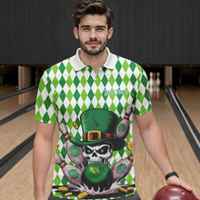 Load image into Gallery viewer, Custom White And Green St Patricks Argyle Skull Bowling Polo Shirts For Men, Bowling Jerseys IPHW8596