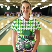 Load image into Gallery viewer, Custom White And Green St Patricks Argyle Skull Bowling Polo Shirts For Women Jerseys IPHW8596
