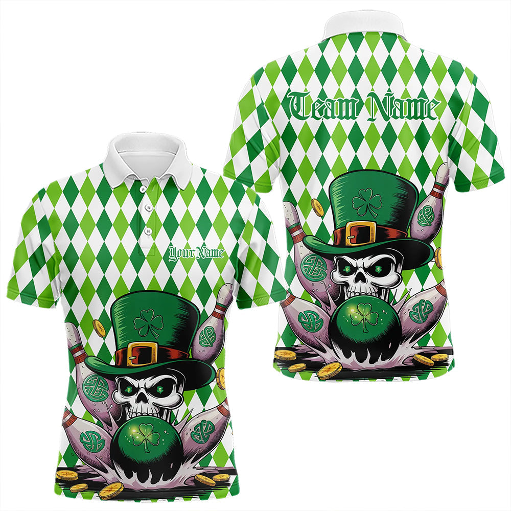 Custom White And Green St Patricks Argyle Skull Bowling Polo Shirts For Men, Bowling Jerseys IPHW8596
