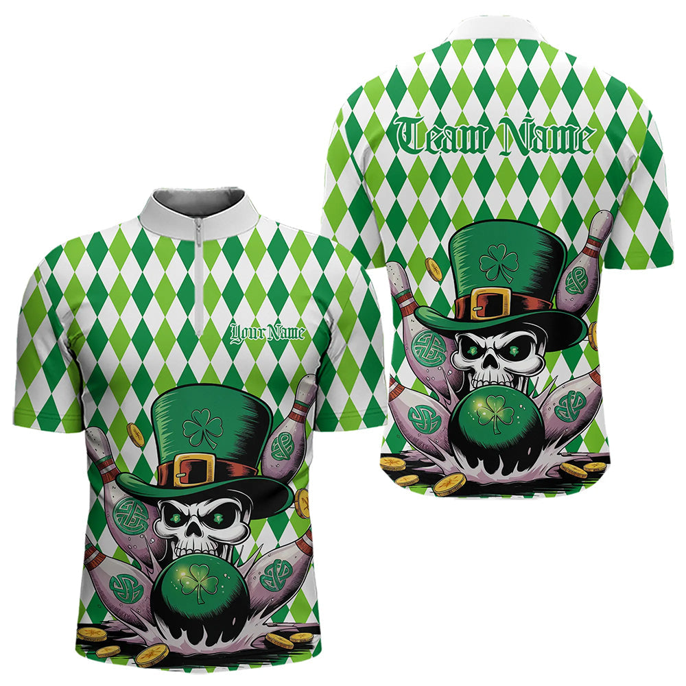Custom White And Green St Patricks Argyle Skull Bowling Quarter-Zip Shirts For Men, Bowling Jerseys IPHW8596