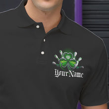 Load image into Gallery viewer, Custom Black And Green Lucky Clover St Patricks Day Skull Bowling Team Polo Shirts For Men IPHW8599