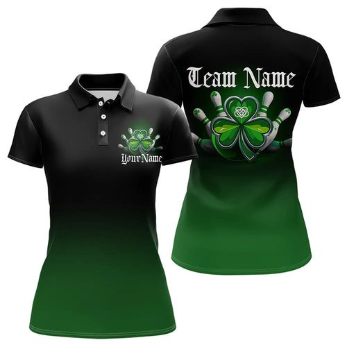 Custom Black And Green Lucky Clover St Patricks Day Skull Bowling Team Polo Shirt For Women IPHW8599