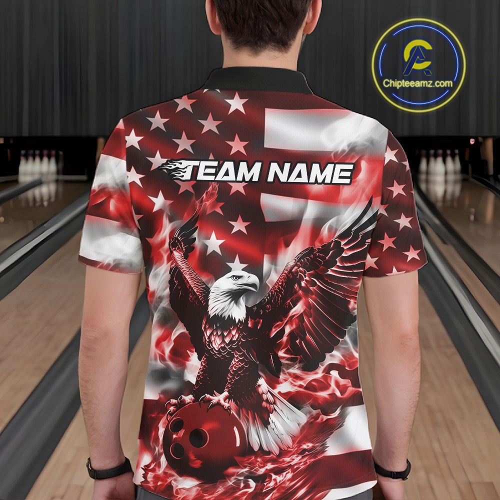 Custom Red Flaming American Flag Eagle Bowling Team Men Shirt, Patriotic Bowlers Outfit IPHW10779