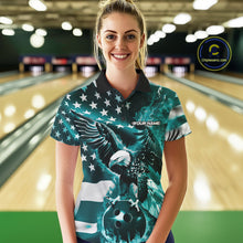 Load image into Gallery viewer, Custom Blue Flaming American Flag Eagle Bowling Team Women Shirt, Patriotic Bowlers Outfit IPHW10780