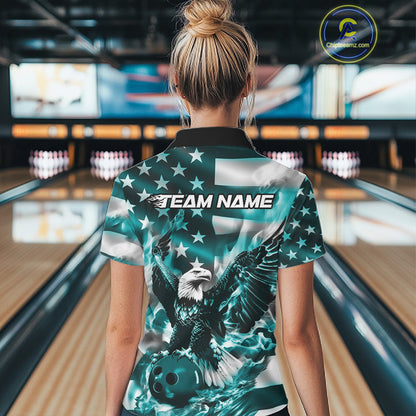 Custom Blue Flaming American Flag Eagle Bowling Team Women Shirt, Patriotic Bowlers Outfit IPHW10780