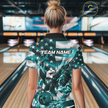 Load image into Gallery viewer, Custom Blue Flaming American Flag Eagle Bowling Team Women Shirt, Patriotic Bowlers Outfit IPHW10780