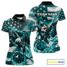 Load image into Gallery viewer, Custom Blue Flaming American Flag Eagle Bowling Team Women Shirt, Patriotic Bowlers Outfit IPHW10780