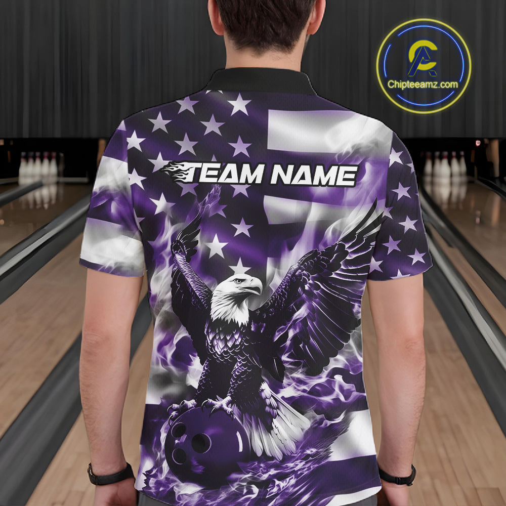 Custom Purple Flaming American Flag Eagle Bowling Team Men Shirt, Patriotic Bowlers Outfit IPHW10781