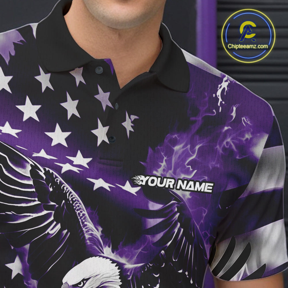 Custom Purple Flaming American Flag Eagle Bowling Team Men Shirt, Patriotic Bowlers Outfit IPHW10781