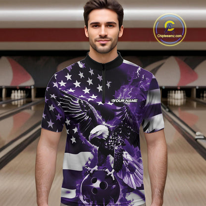 Custom Purple Flaming American Flag Eagle Bowling Team Men Shirt, Patriotic Bowlers Outfit IPHW10781