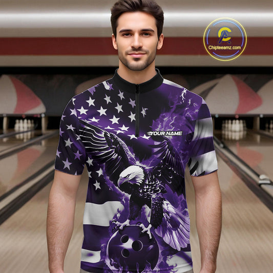 Custom Purple Flaming American Flag Eagle Bowling Team Men Shirt, Patriotic Bowlers Outfit IPHW10781