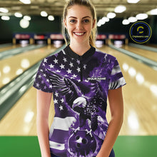 Load image into Gallery viewer, Custom Purple Flaming American Flag Eagle Bowling Women Shirt, Patriotic Bowlers Outfit IPHW10781