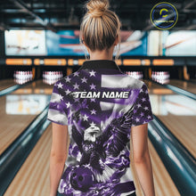 Load image into Gallery viewer, Custom Purple Flaming American Flag Eagle Bowling Women Shirt, Patriotic Bowlers Outfit IPHW10781