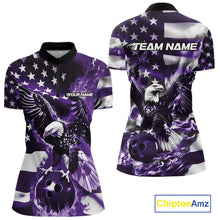 Load image into Gallery viewer, Custom Purple Flaming American Flag Eagle Bowling Women Shirt, Patriotic Bowlers Outfit IPHW10781