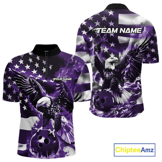 Custom Purple Flaming American Flag Eagle Bowling Team Men Shirt, Patriotic Bowlers Outfit IPHW10781