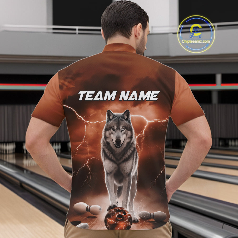 Custom Orange Ligtning Wolf Bowling Team League Shirts For Men, Bowler Outfits IPHW10786