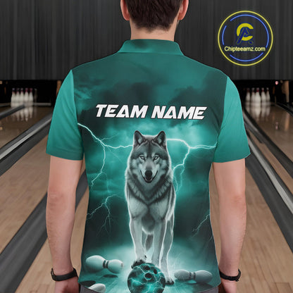 Custom Teal Blue Ligtning Wolf Bowling Team League Shirts For Men, Bowler Outfits IPHW10789