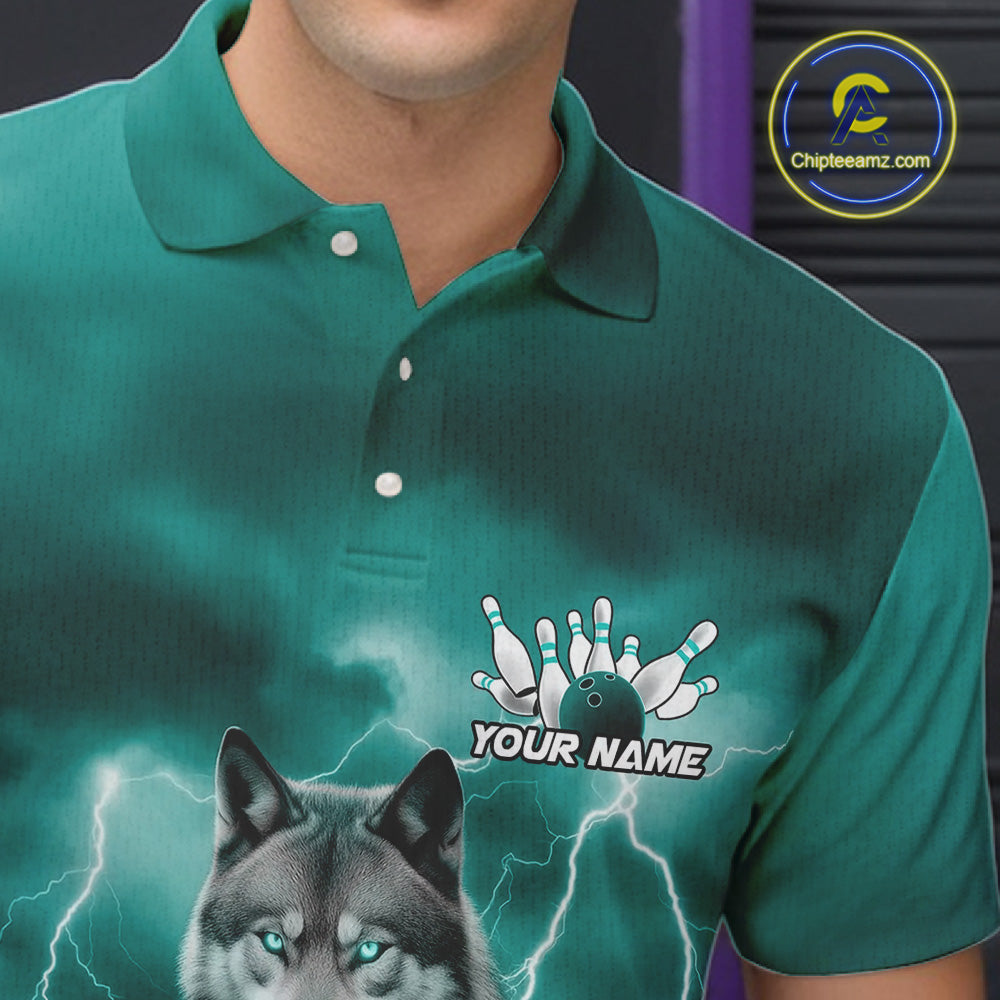 Custom Teal Blue Ligtning Wolf Bowling Team League Shirts For Men, Bowler Outfits IPHW10789