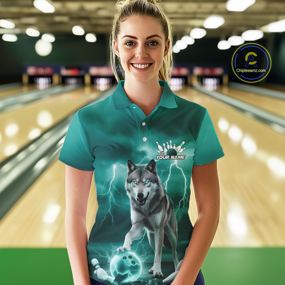 Custom Teal Blue Ligtning Wolf Bowling Team League Shirts For Women, Bowler Outfits IPHW10789