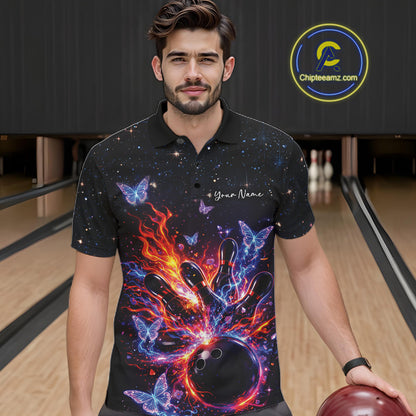 Male model wearing a black bowling polo shirt at the lane with a fiery bowling strike scene and glowing butterflies.