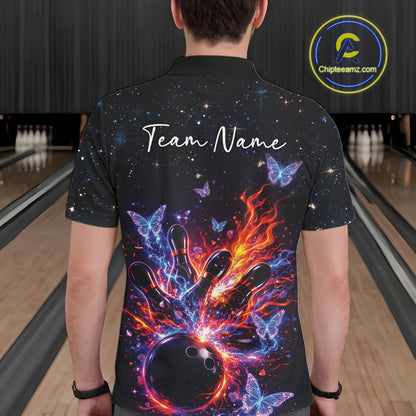Back view of a male model in a black bowling polo shirt displaying cosmic bowling artwork with luminous butterfly accents.