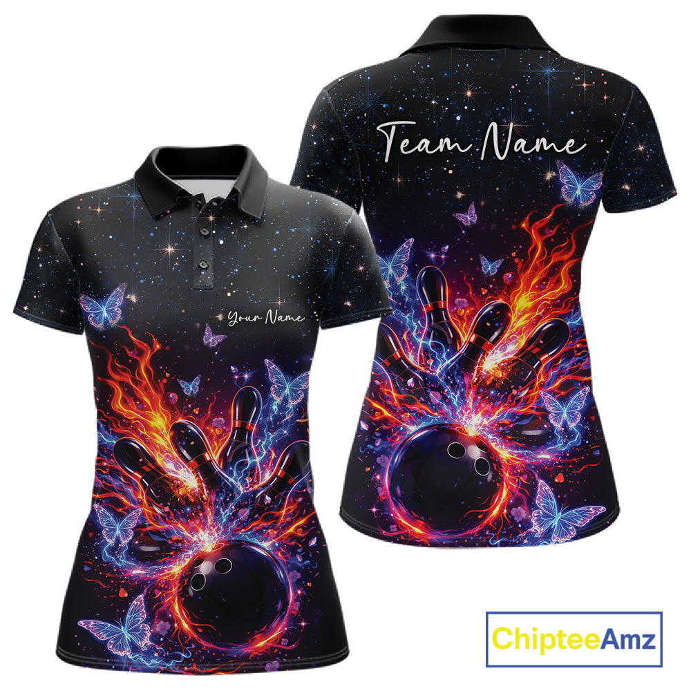 Front and back views of a black womens bowling polo shirt featuring flaming bowling ball artwork, pins, and glowing butterflies.