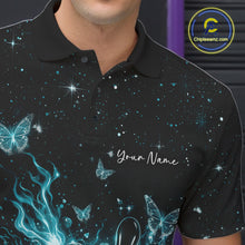 Load image into Gallery viewer, Custom Turquoise Blue Galaxy Butterfly Bowling Men Polo Shirt, Flame Bowling Team Jerseys IPHW11009