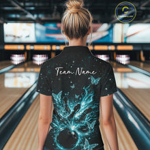 Load image into Gallery viewer, Custom Turquoise Blue Galaxy Butterfly Bowling Women Polo Shirt, Flame Bowling Team Jerseys IPHW11009