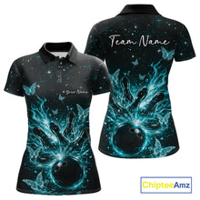 Load image into Gallery viewer, Custom Turquoise Blue Galaxy Butterfly Bowling Women Polo Shirt, Flame Bowling Team Jerseys IPHW11009