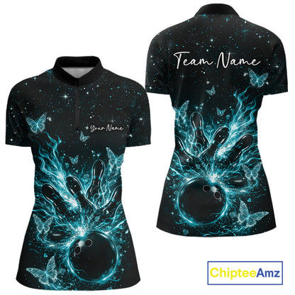 Front and back views of a black and turquoise blue womens bowling quarter-zip shirt with flaming bowling strike artwork.