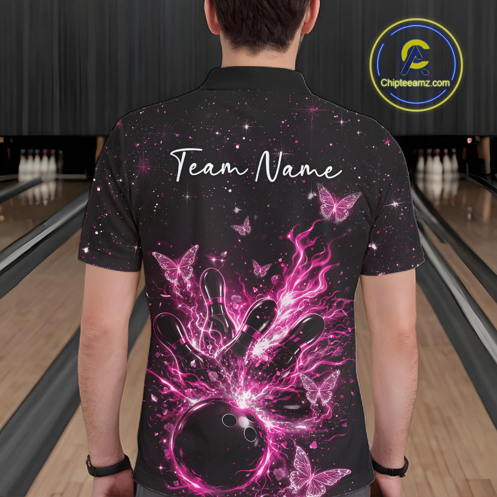 Back view of a male model in a black and pink bowling polo shirt featuring cosmic flaming bowling artwork and glowing butterflies.