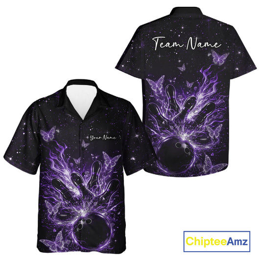 Front and back views of a black and purple button-up bowling shirt with cosmic flaming bowling artwork and glowing butterflies.