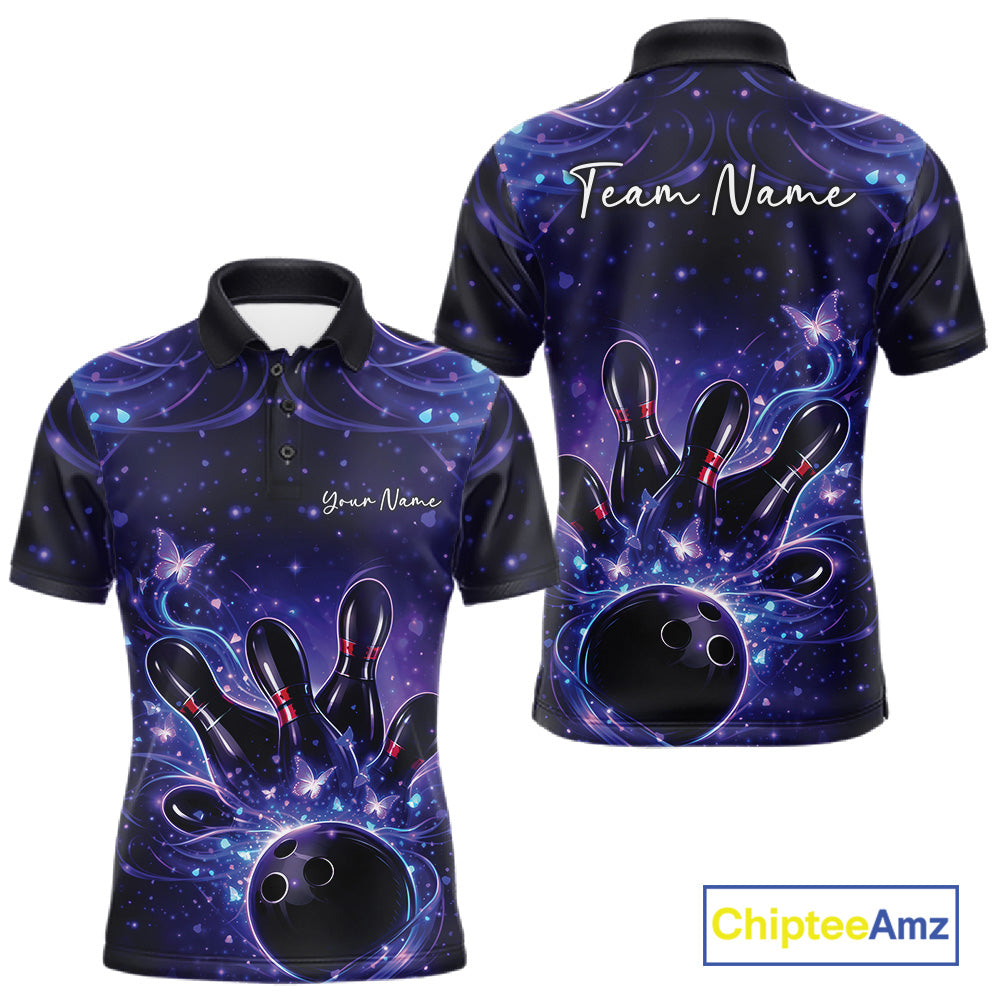 Front and back views of a blue and purple mens bowling polo shirt decorated with glowing butterflies, pins, and a bowling ball.