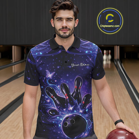 Male model wearing a blue and purple bowling polo shirt at the lane with luminous butterfly bowling artwork.