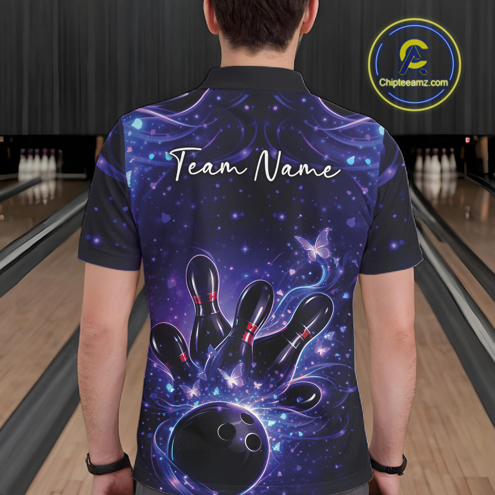 Back view of a male model in a blue and purple bowling polo shirt displaying glowing butterfly bowling graphics.