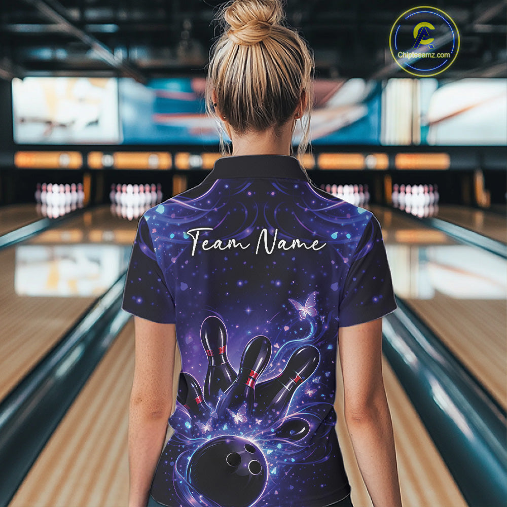 Back view of a female model in a blue and purple bowling polo shirt displaying ball, pin, and butterfly graphics.