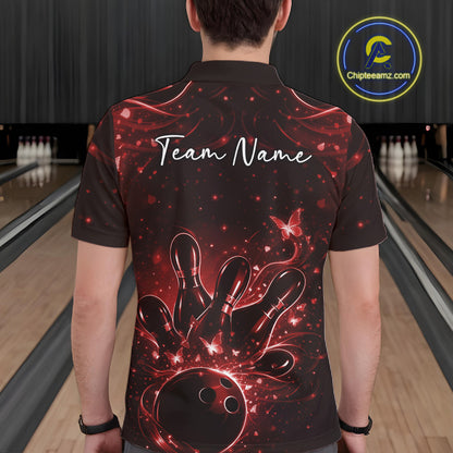 Back view of a male model wearing a black and red bowling polo shirt featuring glowing butterfly bowling graphics.