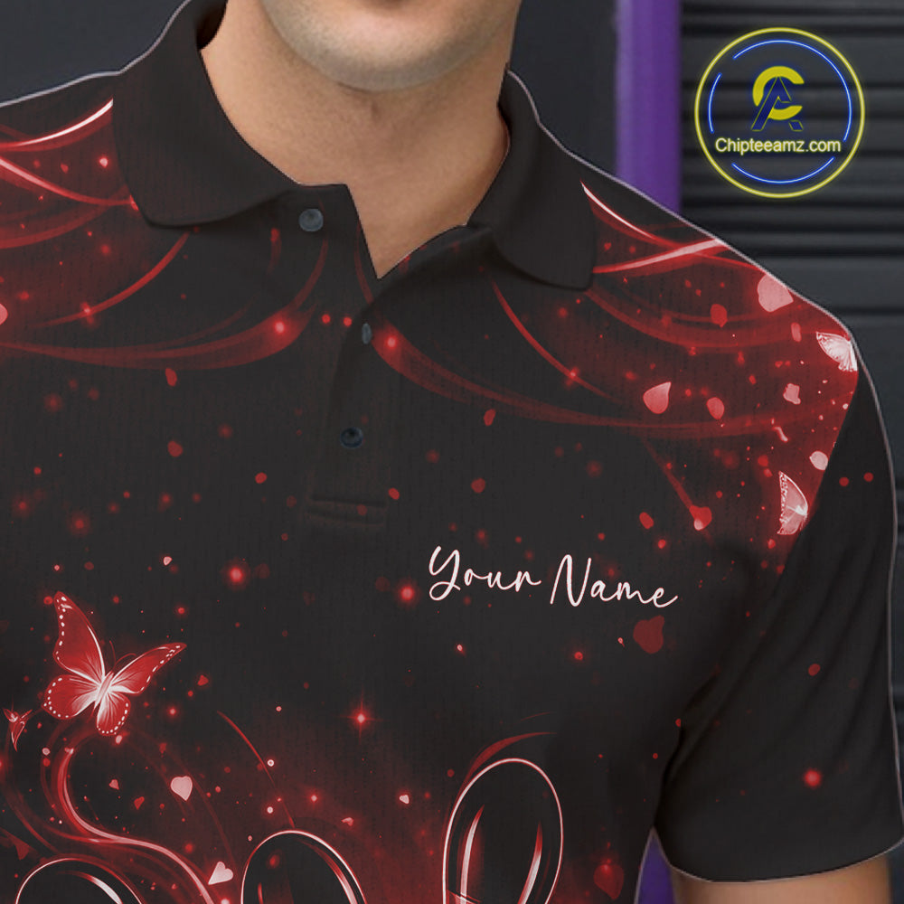 Close-up left chest detail of a black and red bowling polo shirt with glowing bowling ball and pin accents.