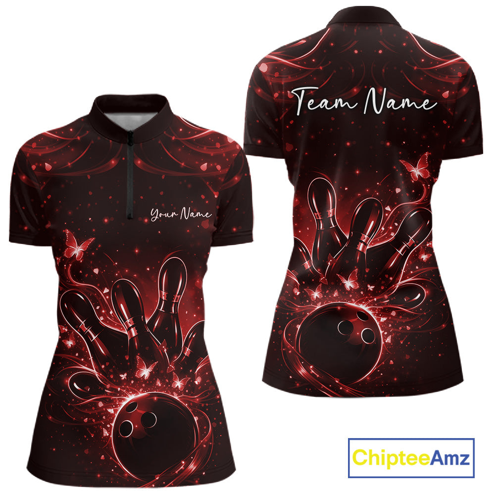 Front and back views of a womens black and red bowling quarter-zip shirt featuring a bowling ball, pins, and glowing butterflies.