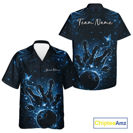 Front and back views of a black and blue button-up bowling shirt showcasing bowling-themed graphics with glowing butterflies.