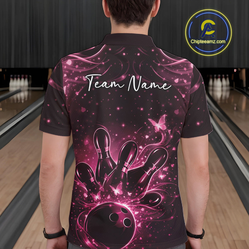 Back view of a male model wearing a black and pink bowling polo shirt with glowing butterfly accents.