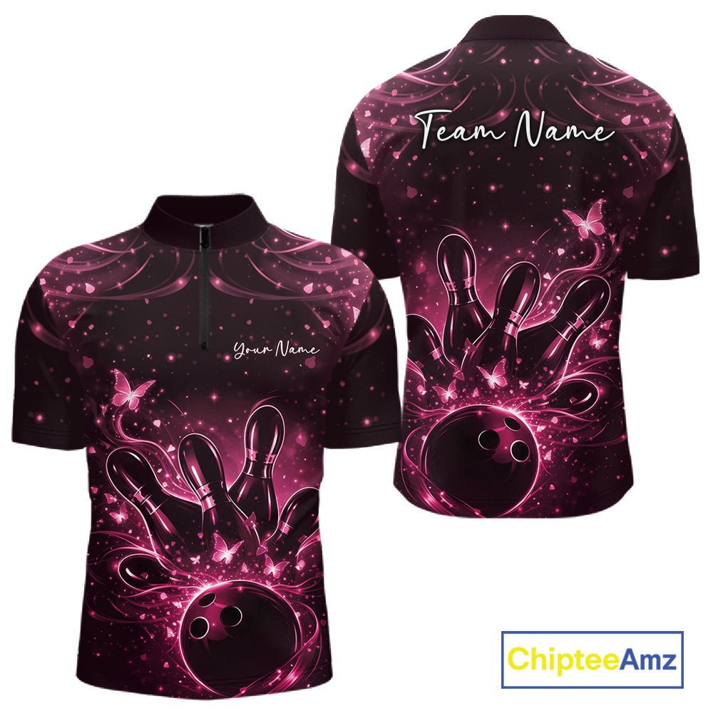 Front and back views of a black and pink mens bowling quarter-zip shirt with glowing butterflies around bowling pins and ball.
