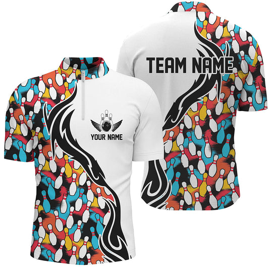 Colorful Bowling Pins Custom Bowling Polo Shirts For Men, Flame Bowling Outfits For Bowlers IPHW6951