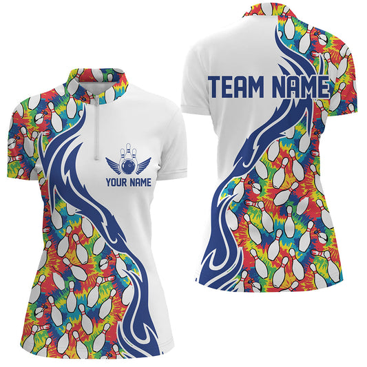 Colorful Tie Dye Bowling Pins Custom Bowling Shirts For Women, Flame Bowling Jerseys IPHW6952