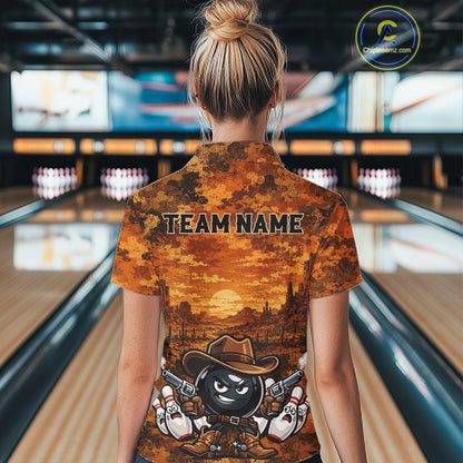 Custom Funny Western Cowboy Bowling Women Polo Shirts, Desert Camo Bowling Jerseys IPHW11638