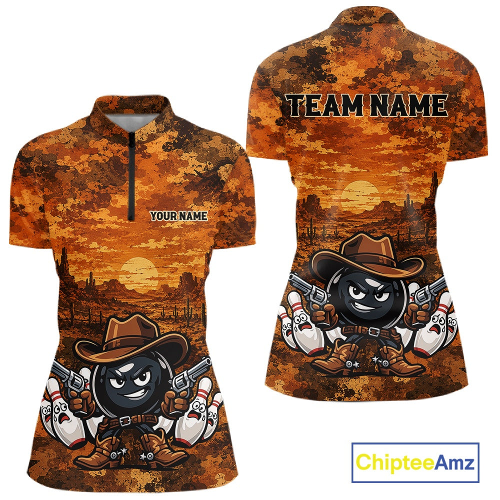 Custom Funny Western Cowboy Bowling Women Quarter-Zip Shirts, Desert Camo Bowling Jersey IPHW11638