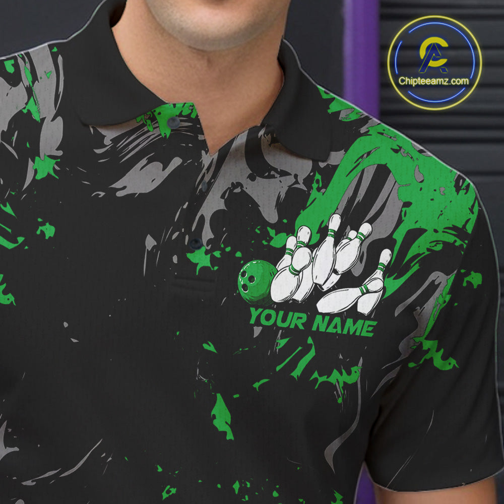 Custom Black And Green Splatter Camo Bowling Team Polo Shirts For Men IPHW10796