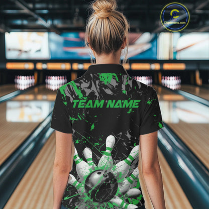 Custom Black And Green Splatter Camo Bowling Team Polo Shirts For Women IPHW10796