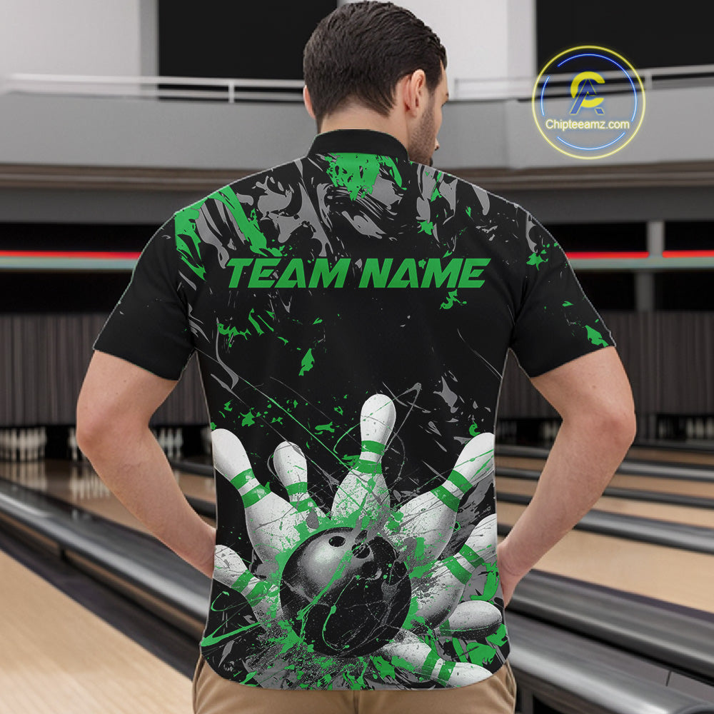 Custom Black And Green Splatter Camo Bowling Team Quarter-Zip Shirts For Men IPHW10796