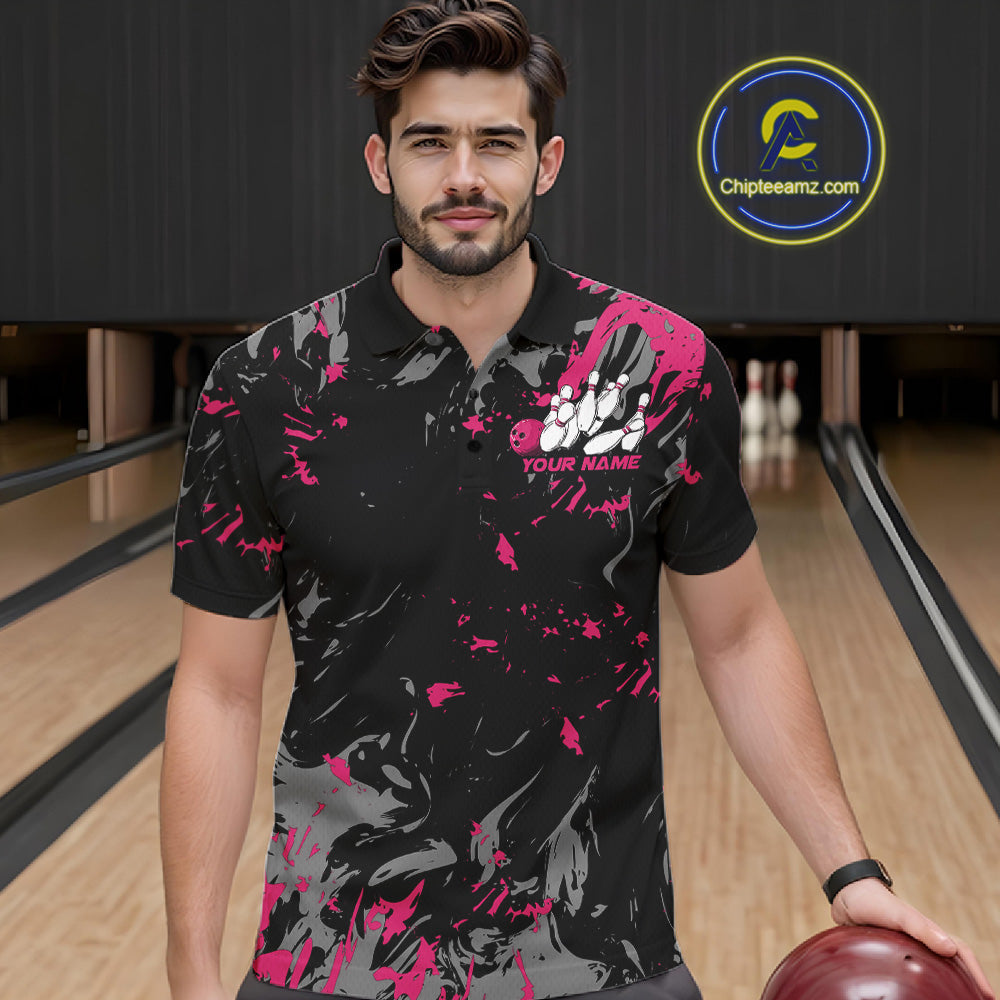 Custom Black And Pink Splatter Camo Bowling Team Polo Shirts For Men IPHW10797